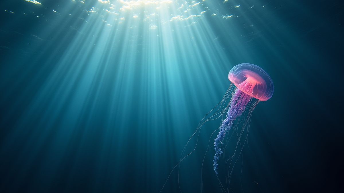 A tranquil underwater scene with glowing jellyfish and rays of sunlight filtering through the water.