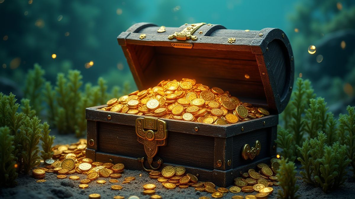 A treasure chest filled with gold coins and jewels surrounded by seaweed.