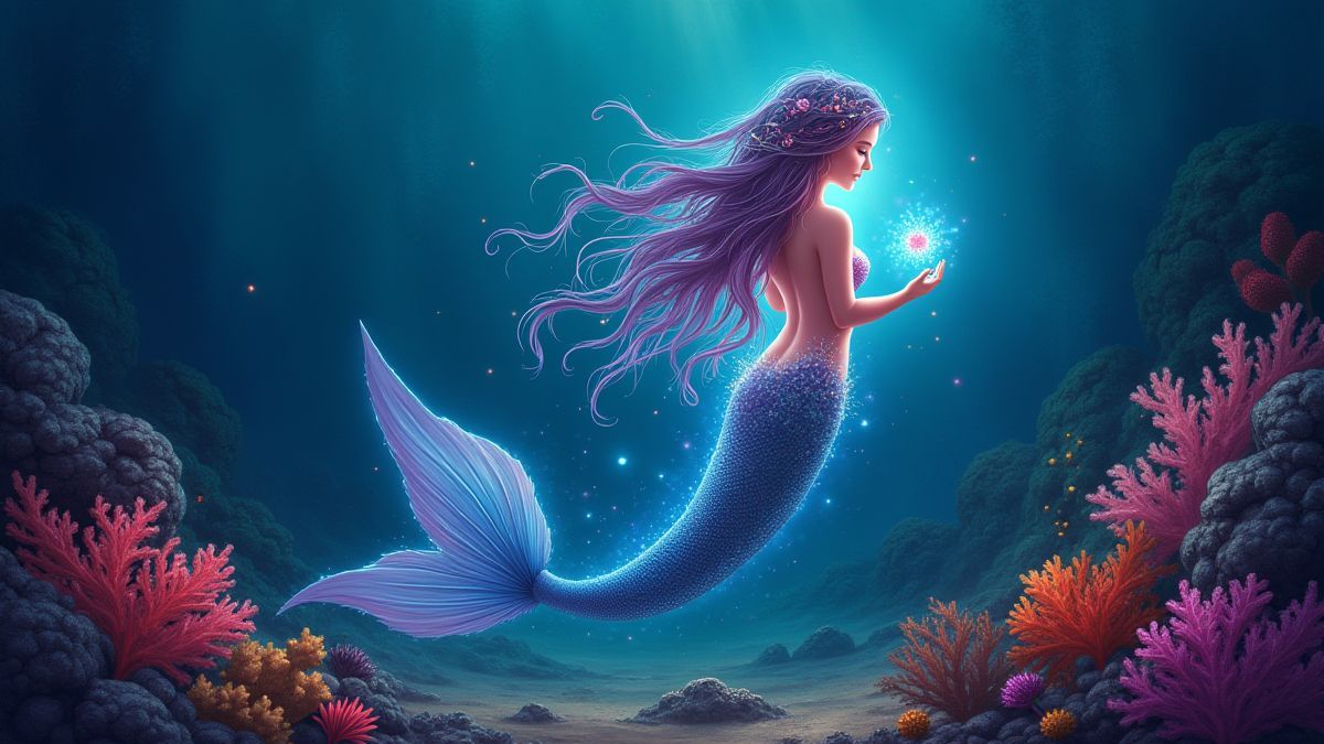 Sirena rodeada de tesoros y corales vibrantes
