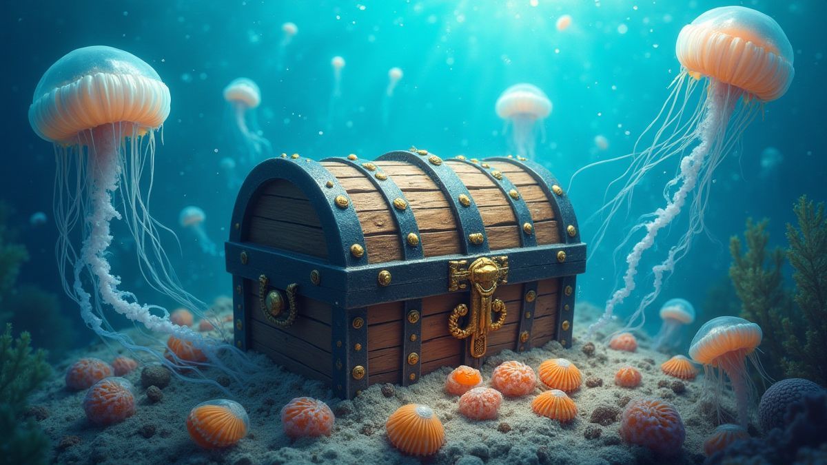 Cofre del tesoro rodeado de medusas y conchas marinas
