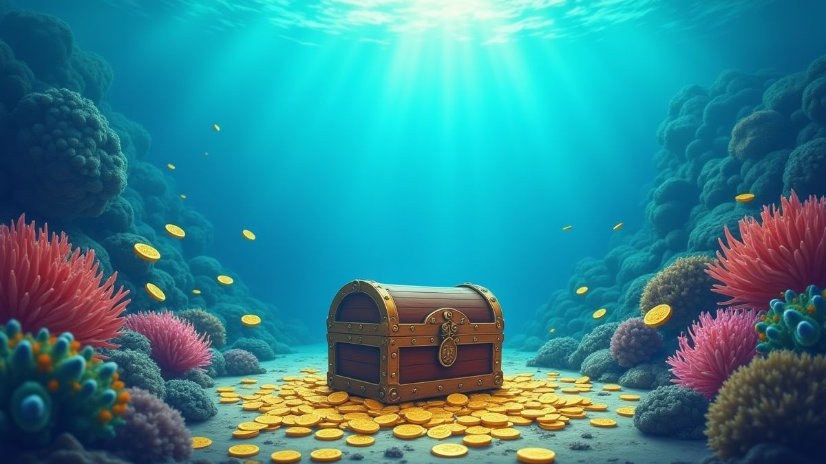 Coffre au trésor entouré de pièces sous l'eau.