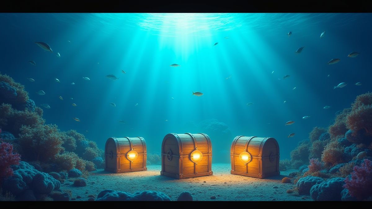 Chasse au trésor sous-marine avec des coffres brillants.