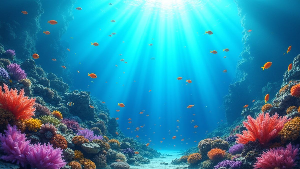 Escena submarina con arrecifes de coral y peces nadando.