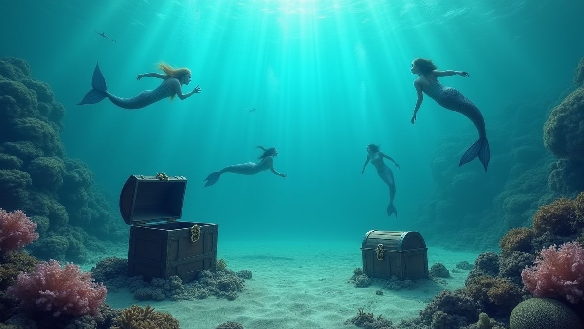 Escena submarina con sirenas nadando cerca de cofres del tesoro.