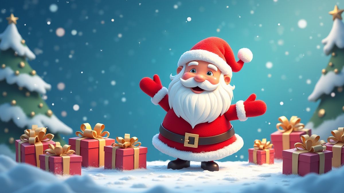 Papai Noel rodeado de presentes em uma paisagem nevada.