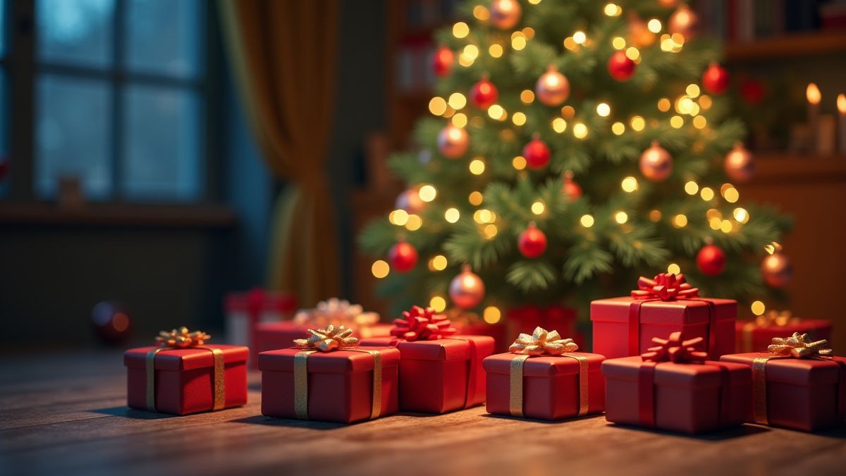 Presentes de Natal abertos sob uma árvore decorada.