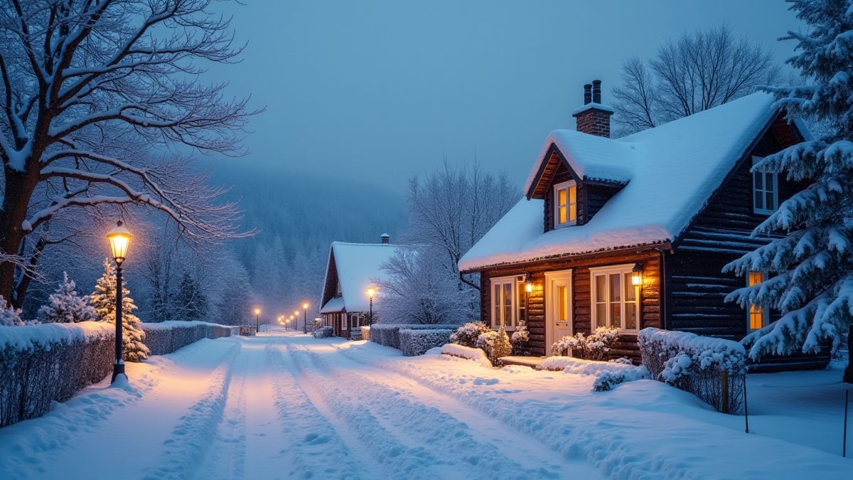 Winter landscape with cozy cottages and shining Christmas lights