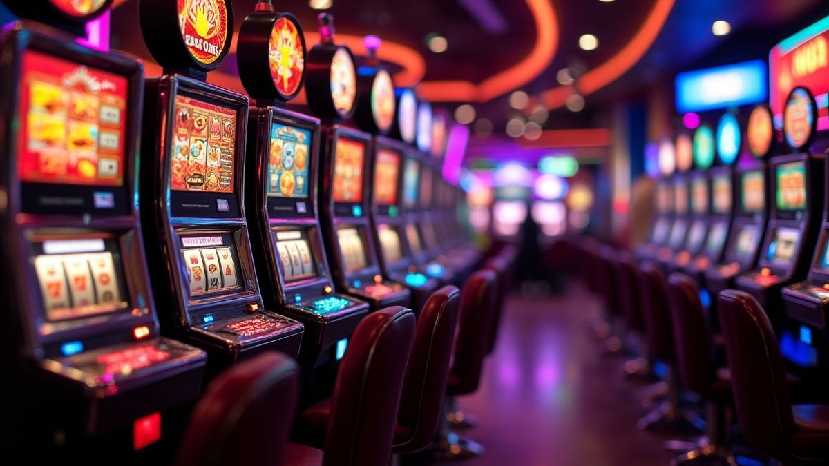 Escena de casino retro con máquinas tragamonedas y frutas coloridas.