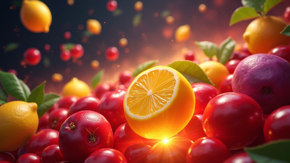 Frutas como cerezas y limones en una pantalla de juego brillante.