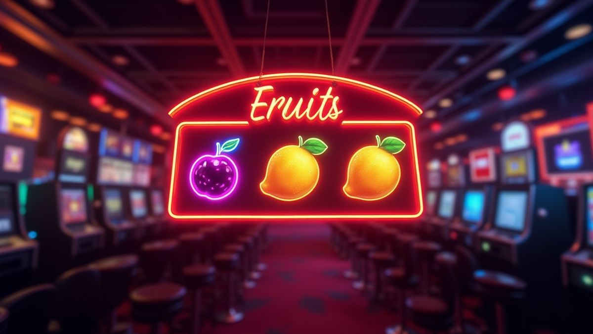 Cartel de neón con símbolos de frutas contra un fondo de casino oscuro.