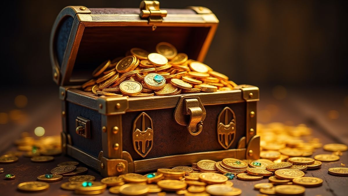 Um cofre medieval cheio de moedas de ouro e gemas brilhantes.