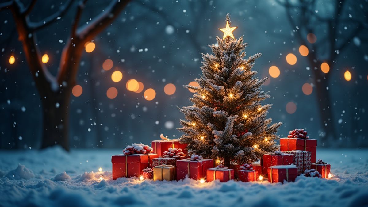 Un sapin de Noël couvert de neige entouré de cadeaux et de lumières.