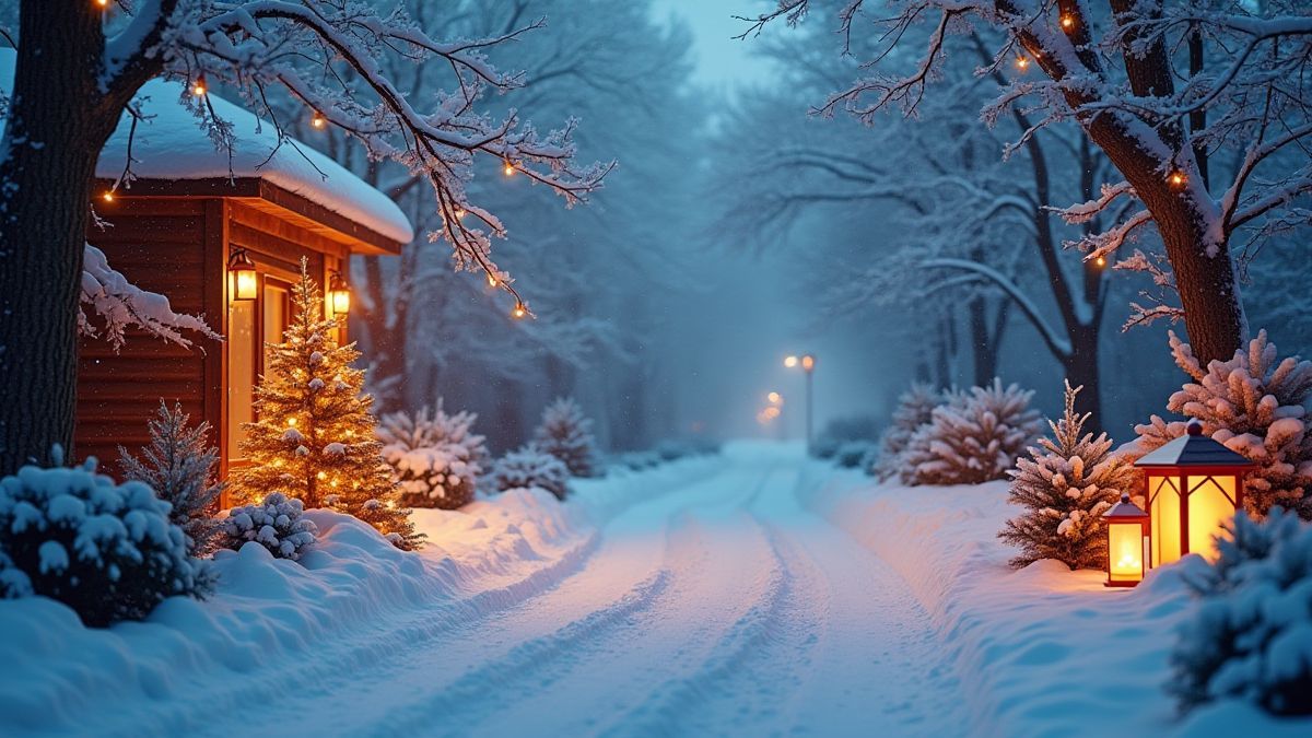 Un fond enneigé avec des décorations festives et des lanternes brillantes.