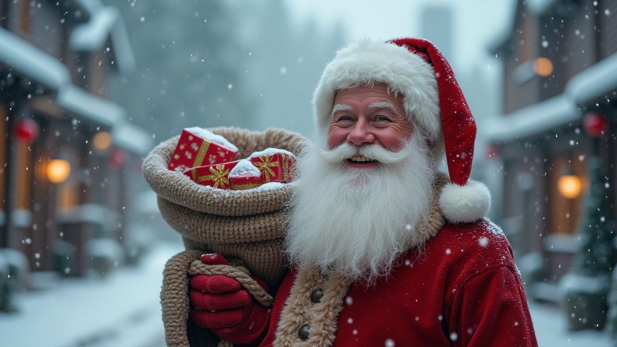 Un Santa Claus joyeux tenant un sac de cadeaux dans un village enneigé.