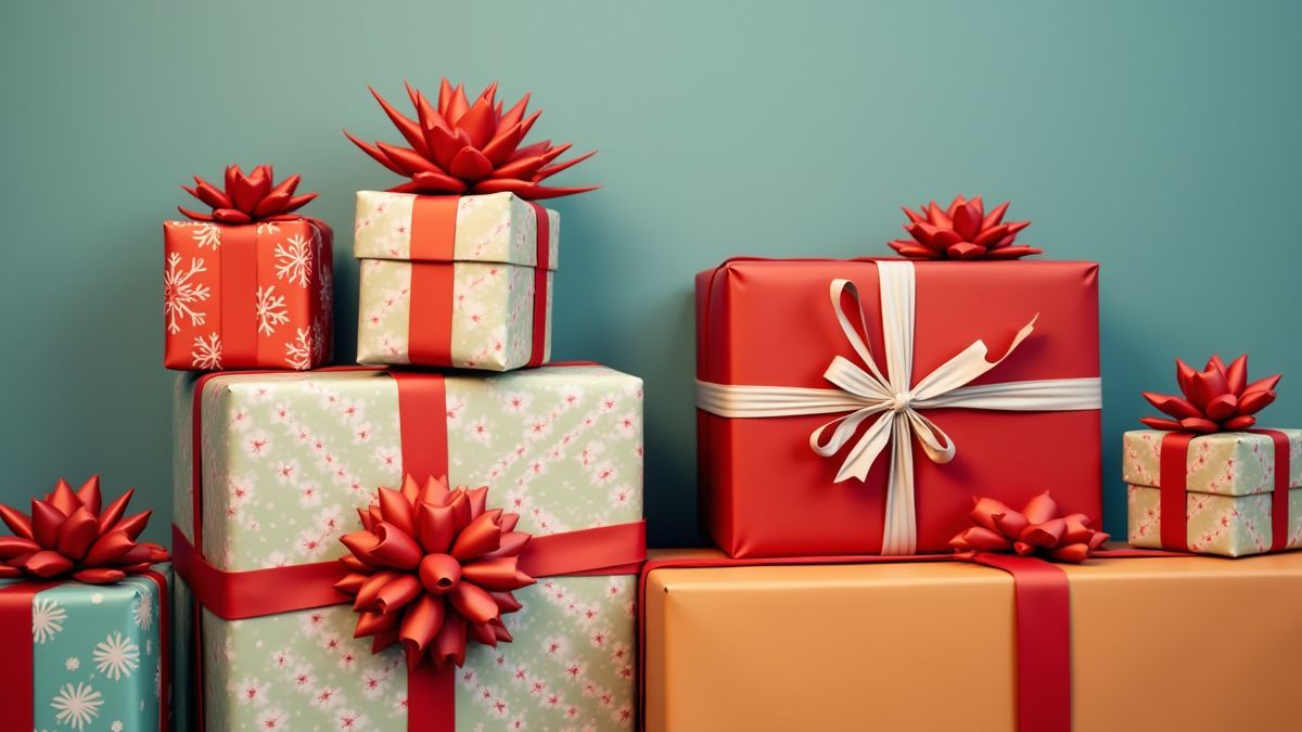 Weihnachtsgeschenke, verpackt in buntem Papier und mit Schleifen.