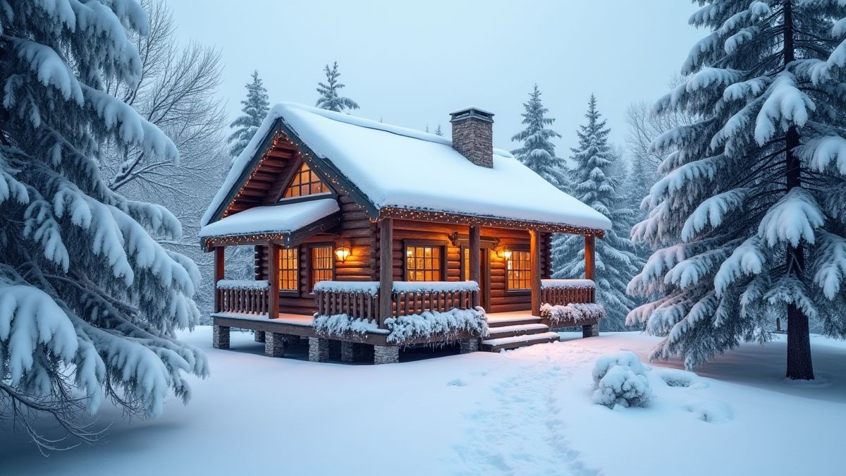 Verschneite Landschaft mit einer für Weihnachten dekorierten Hütte.