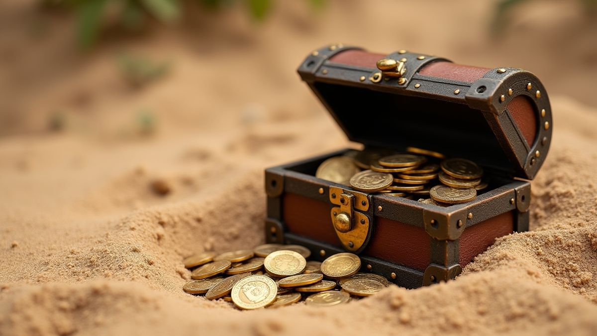 Un cofre del tesoro enterrado en la arena.