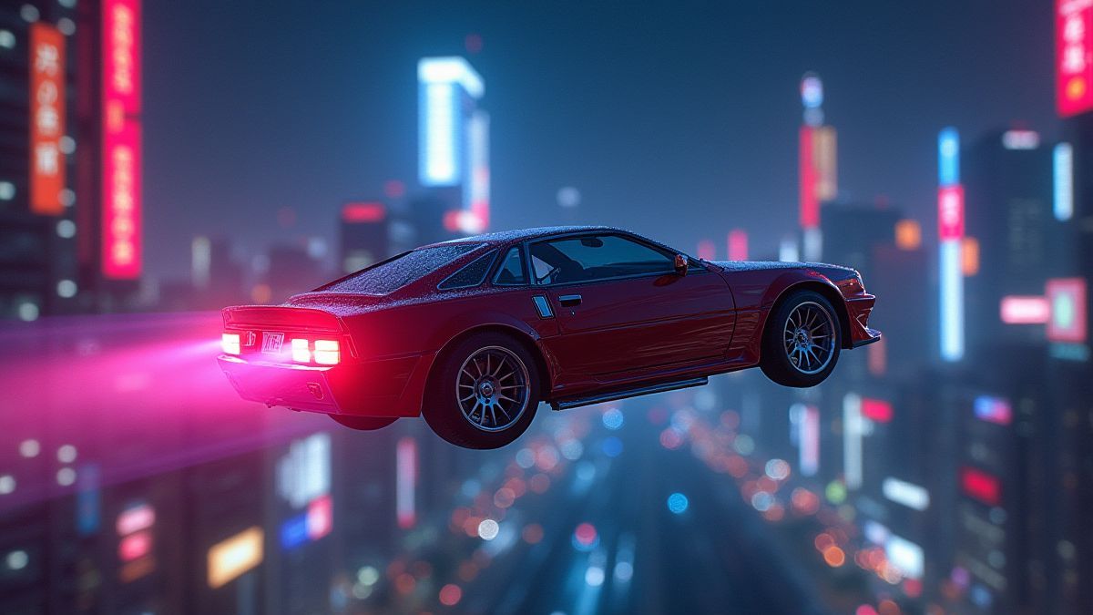 Flying car zooming through a neon-lit city.