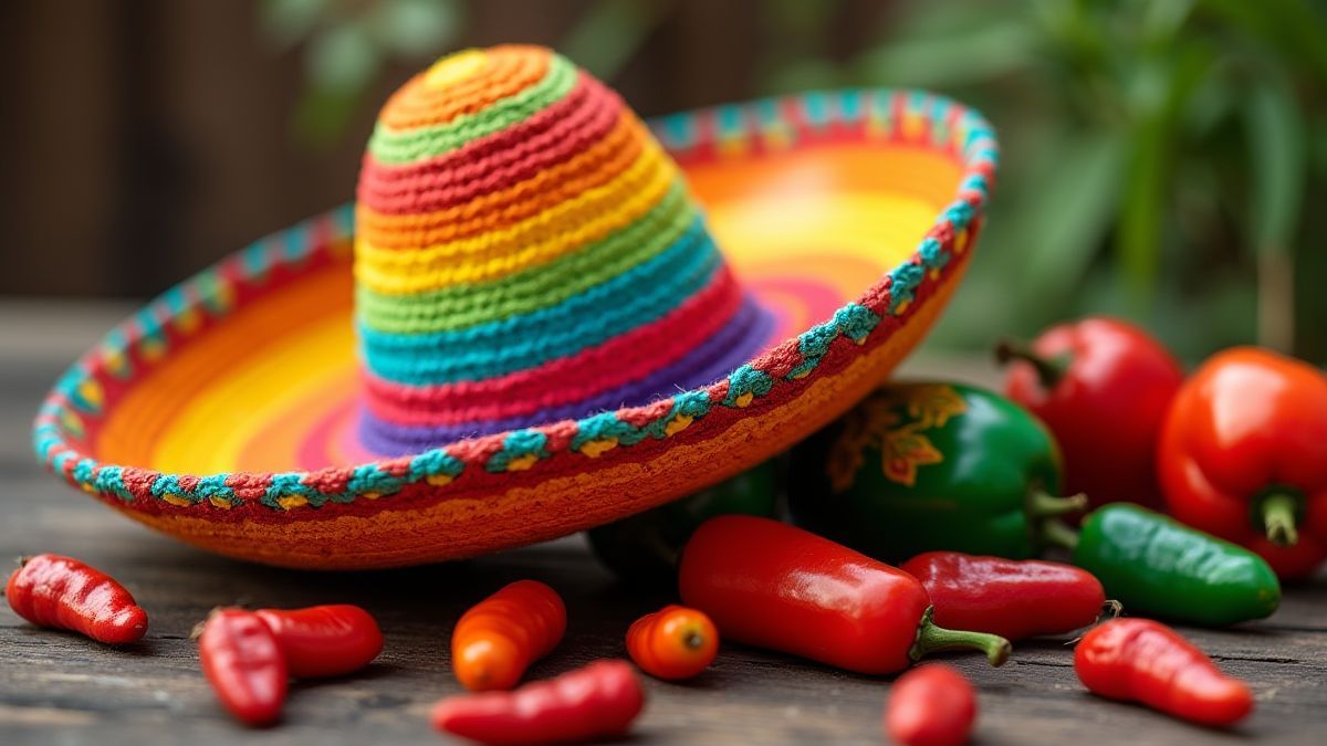 A Mexican sombrero surrounded by maracas and chilis.