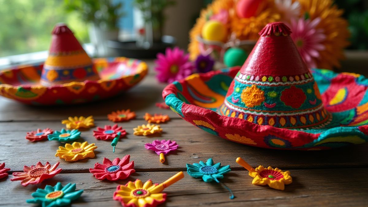 Tisch dekoriert mit mexikanischen Sombreros und Maracas.