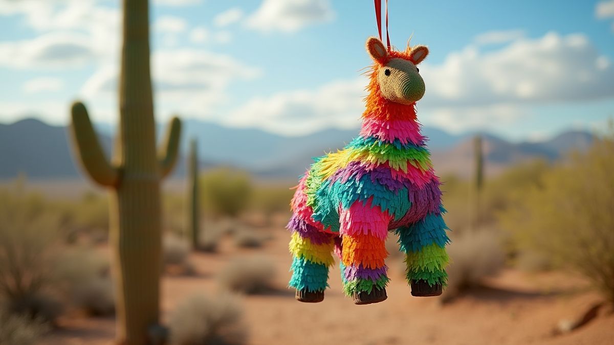 Bunte Piñata in einer Wüstenlandschaft mit Kaktus.
