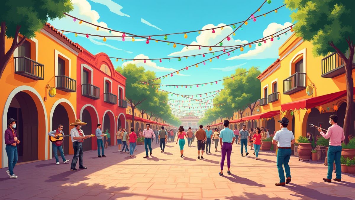 An animated Mexican plaza full of festive decorations.