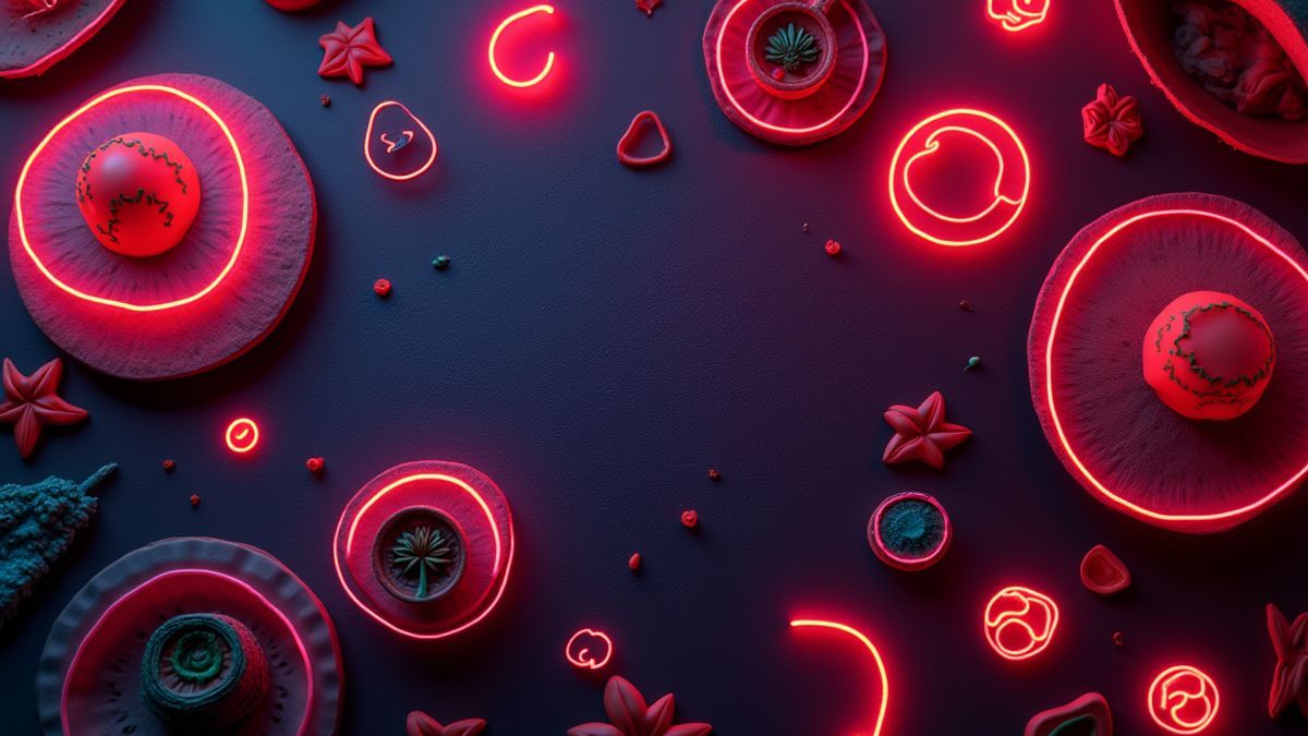 Fundo iluminado com símbolos mexicanos como sombreros e chiles.