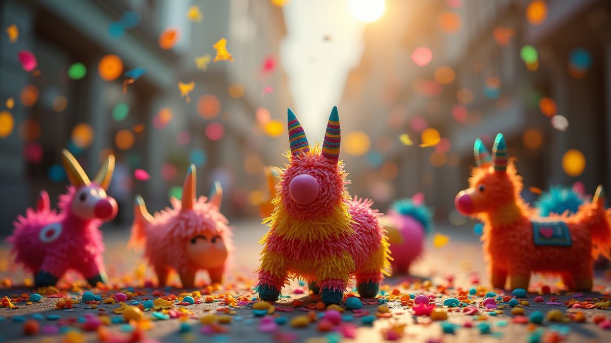 Cena festiva com piñatas e confete por toda parte.
