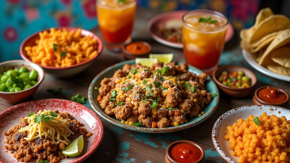 Mesa cheia de comida e bebidas mexicanas coloridas.