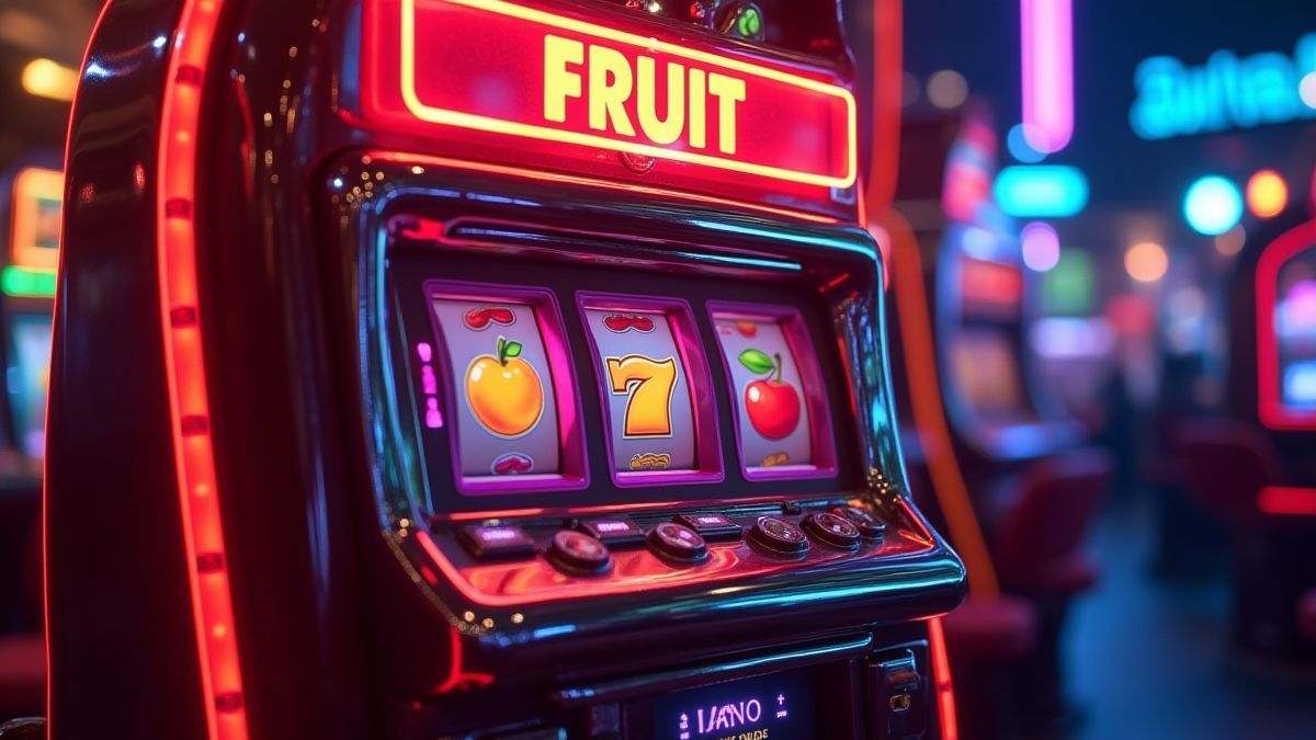 Fruit slot machine with neon lights.