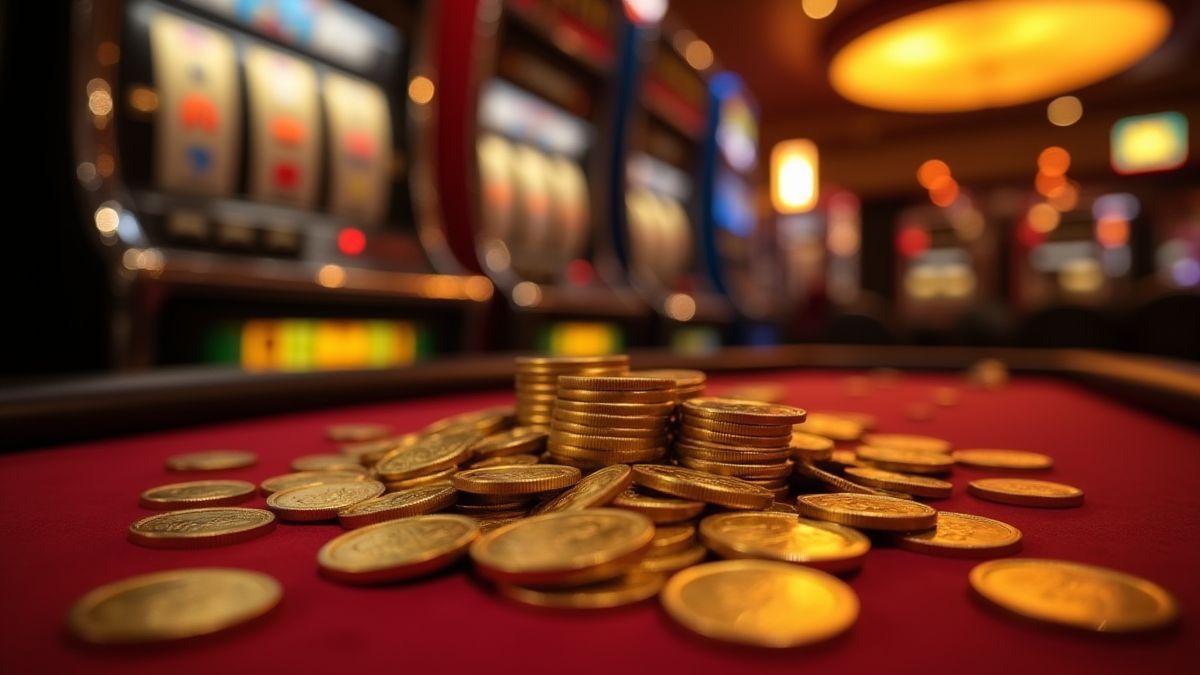 Gold coins on a casino table with a slot machine in the background.