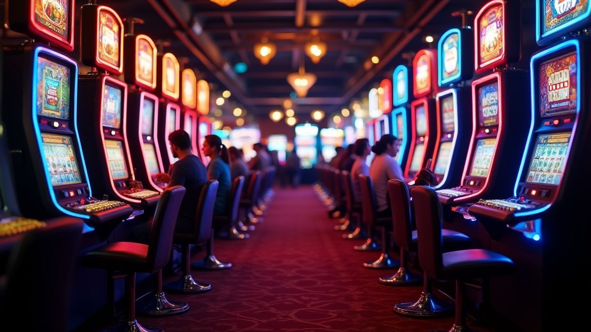 Casino floor with glowing slot machines and players.