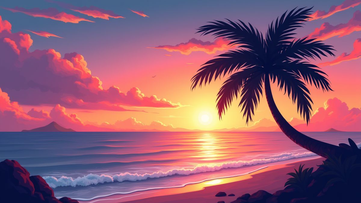 Illustration of a tropical sunset in Miami.