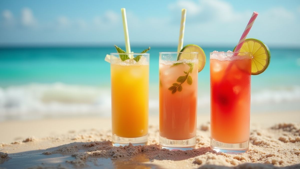 Tropical cocktails on a beach table.
