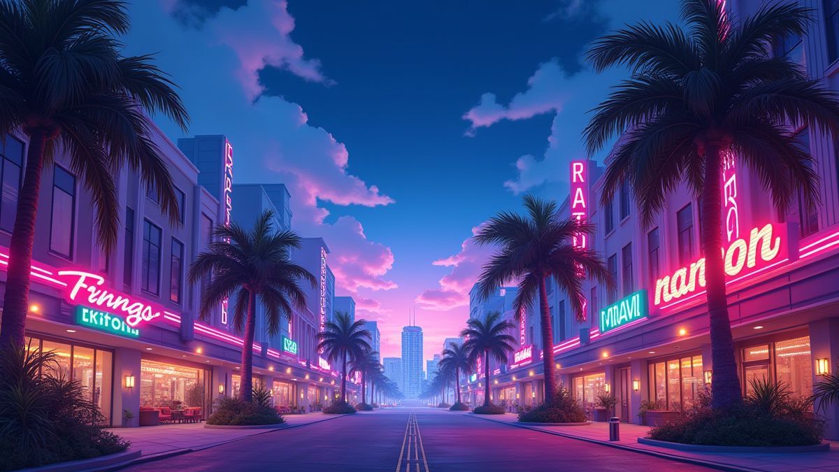 A cidade de Miami iluminada por neons e rodeada de palmeiras.