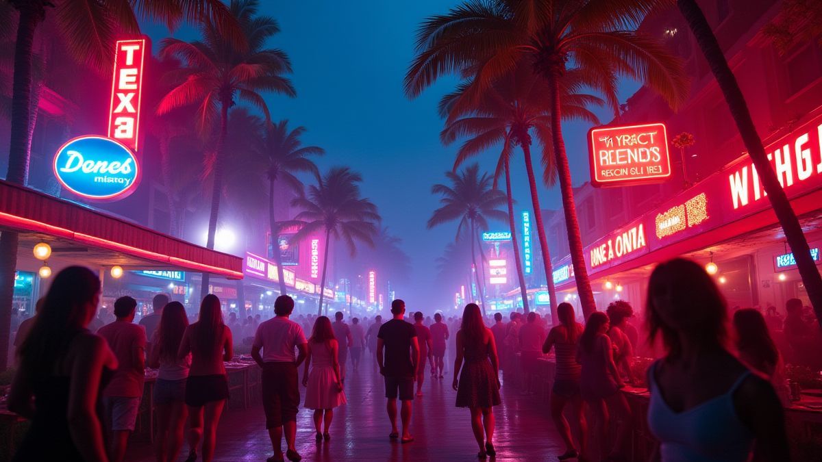A vida noturna de Miami com luzes de néon e pessoas dançando.