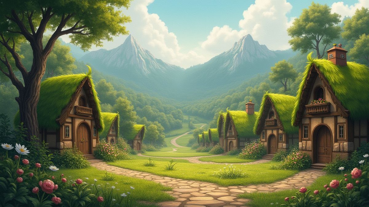 A magical village with mouse houses and a forest on the horizon.