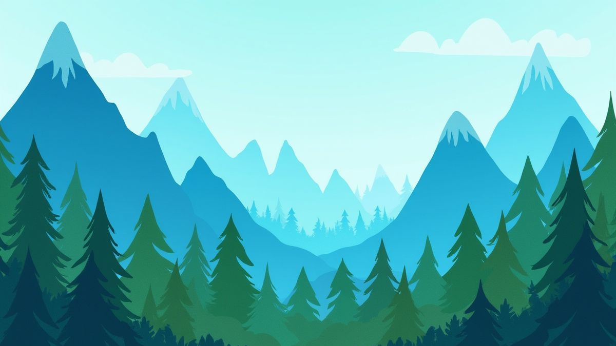 A magical forest with blue mountains and green trees.