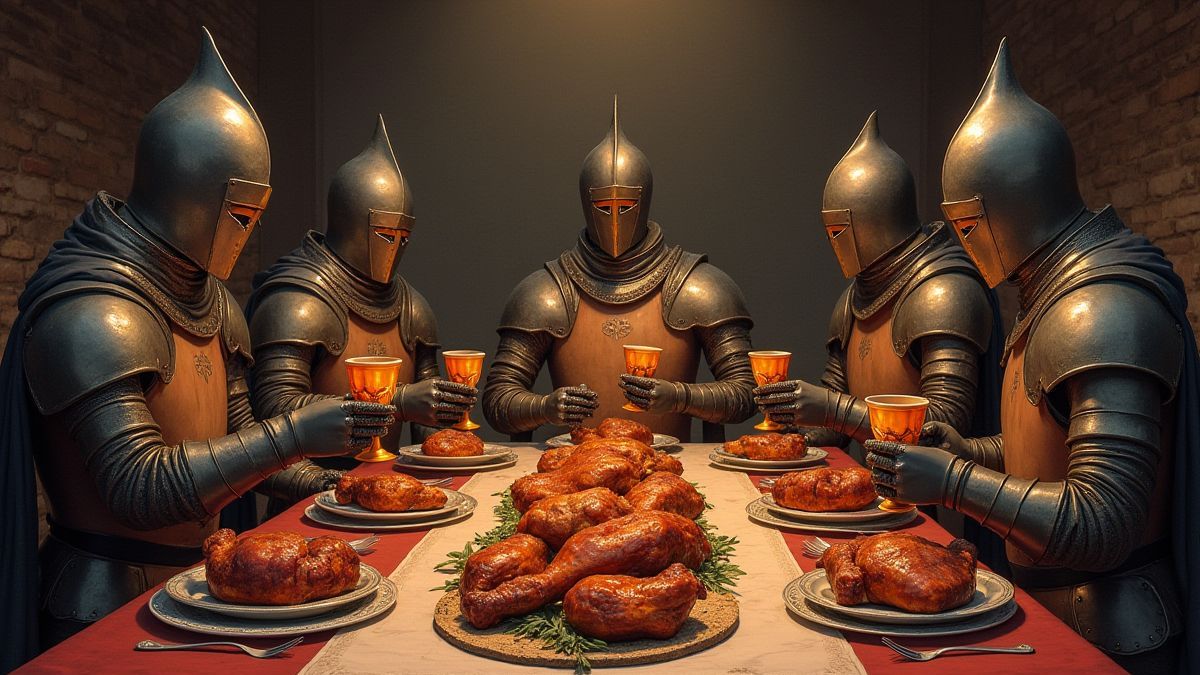 Ein mittelalterliches Festmahl mit Braten und Rittern, die genießen.