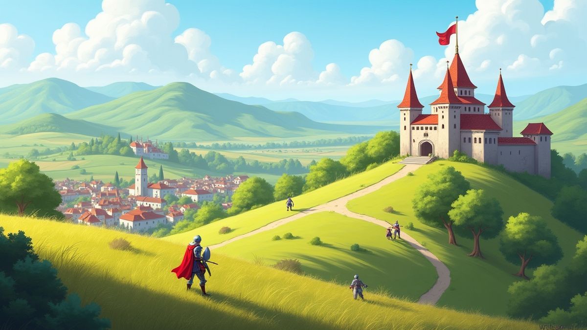 Eine mittelalterliche Landschaft mit einem Schloss und trainierenden Rittern.