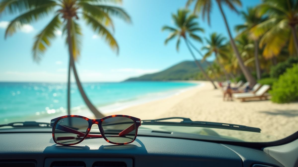 Cena de uma praia tropical com um carro conversível estacionado nas proximidades e óculos de sol no painel.