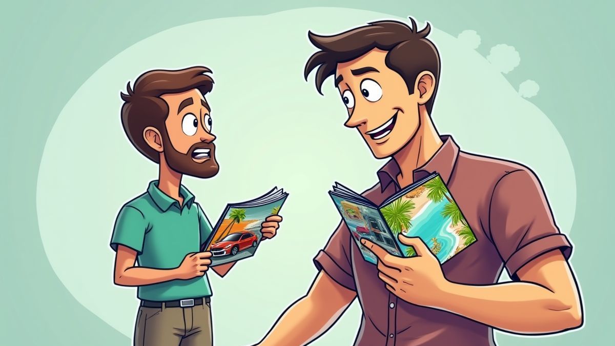 Imagem estilo caricatura de um homem escolhendo entre um folheto de férias tropicais e um folheto de carro de luxo.