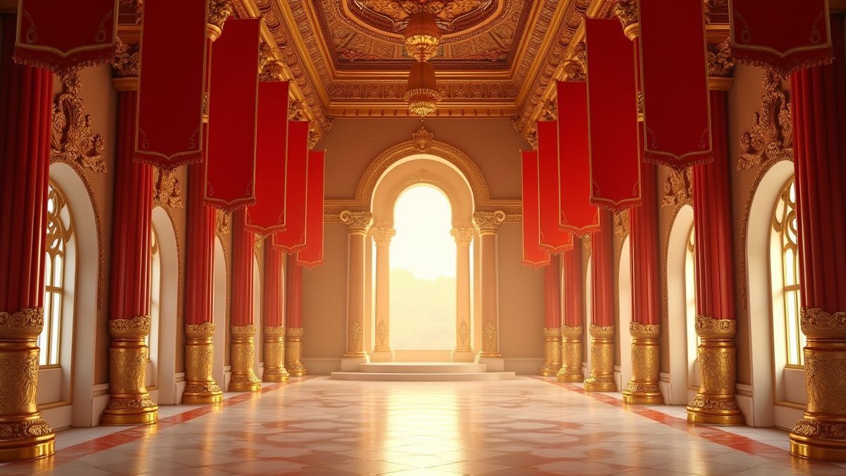 Interior de um palácio luxuoso com decorações douradas e bandeiras vermelhas.