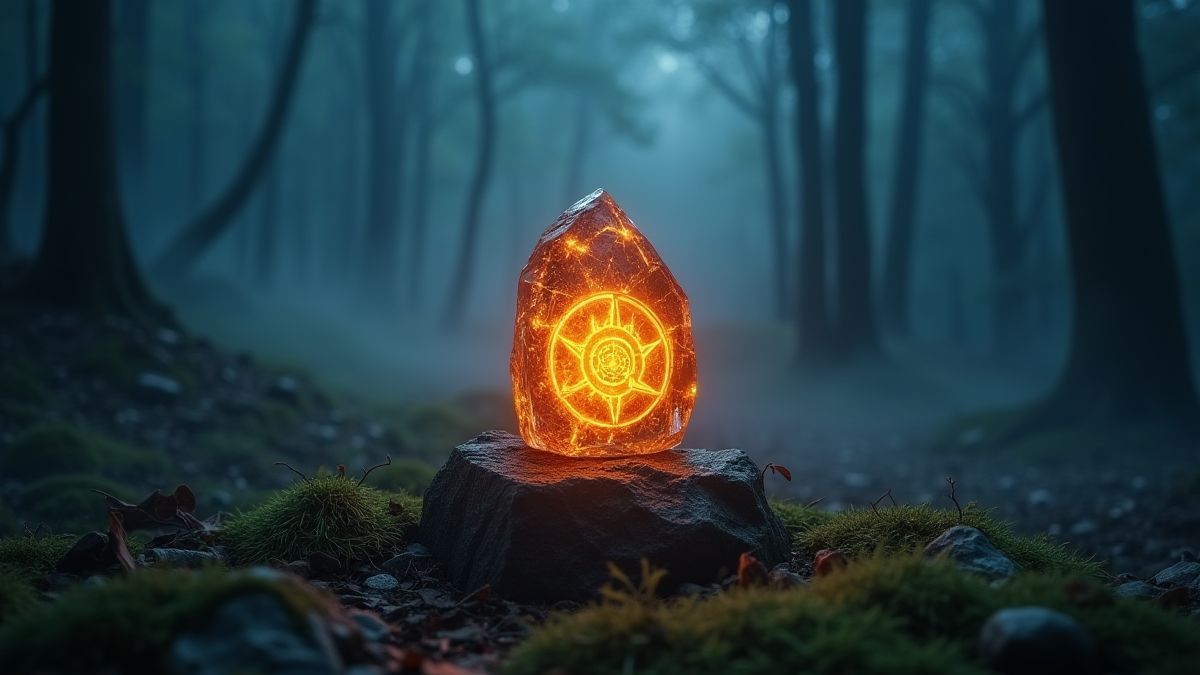 Ein leuchtender magischer Runenstein in einer mystischen Waldumgebung.