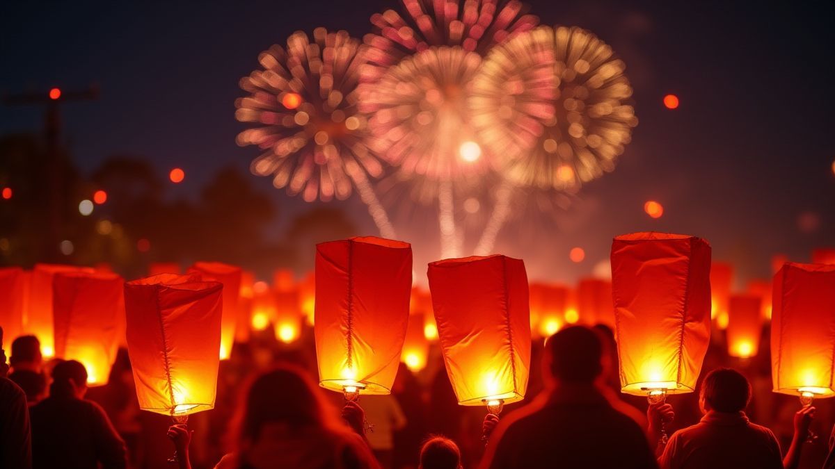 Festival de farolillos iluminados con fuegos artificiales de fondo.
