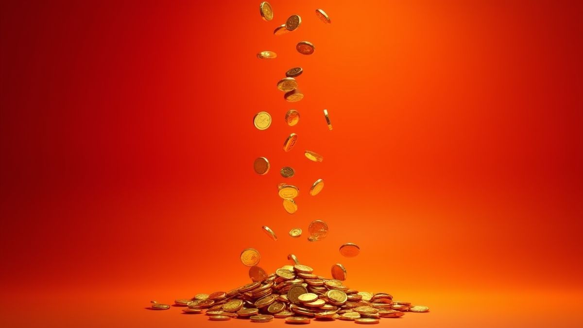 Ducha de monedas doradas sobre un fondo rojo vibrante.