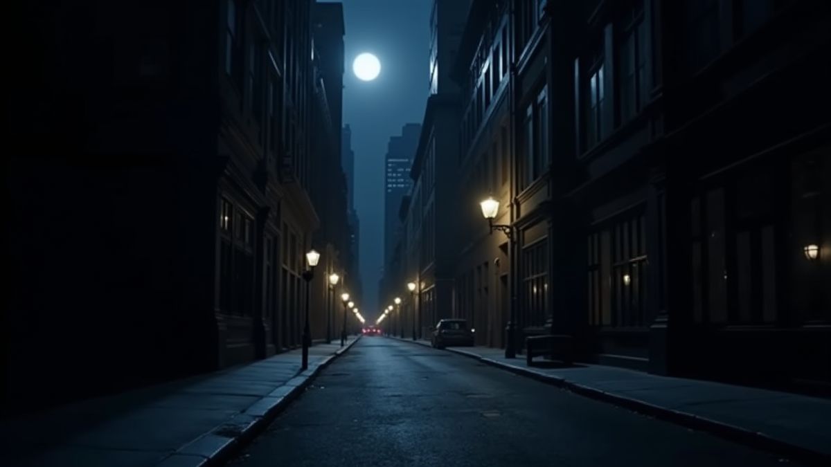 Een stadssteeg verlicht door het maanlicht, wat op een aanstaande overval wijst.