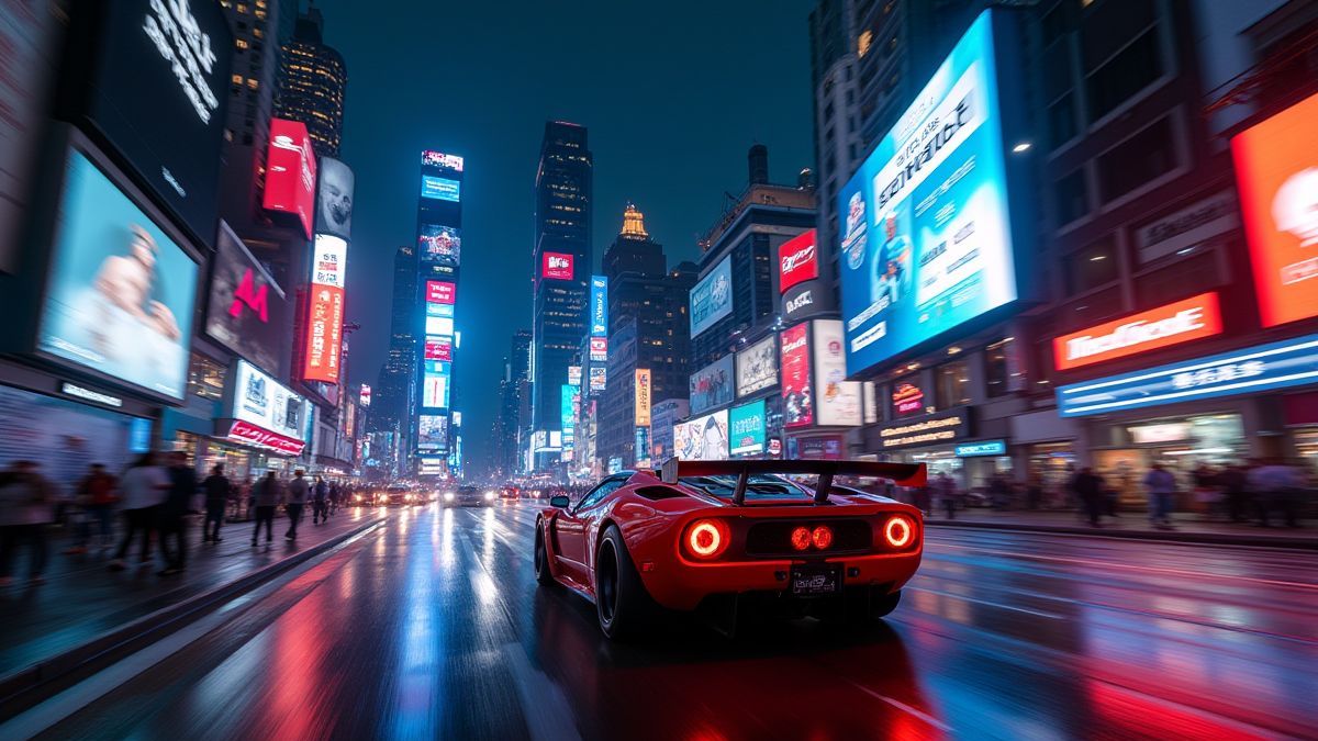 Ville illuminée par des néons et une voiture de sport en pleine course nocturne.