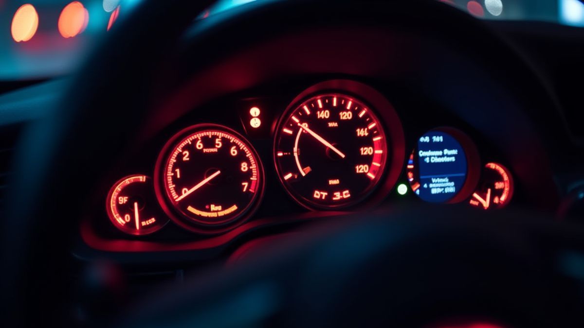 Le tableau de bord d'une voiture de sport illuminé par des lumières néon.