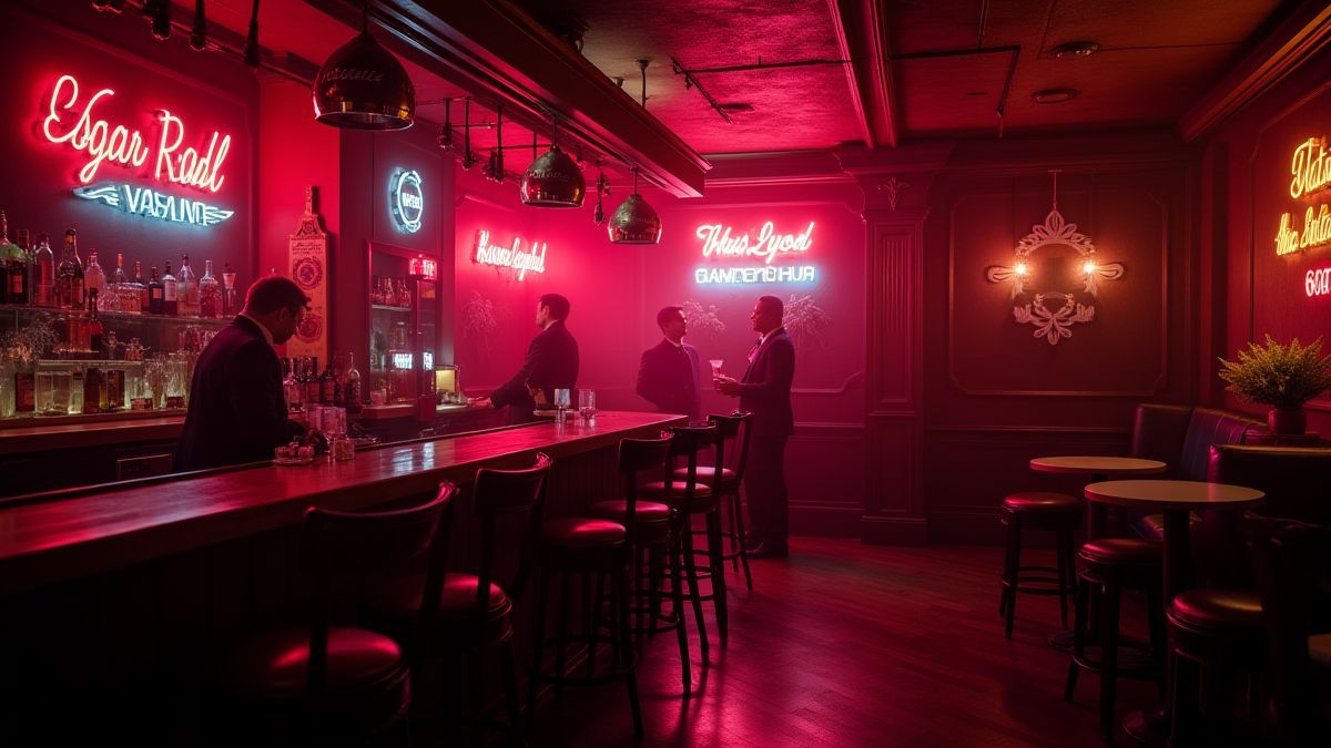Intérieur d'un bar à cocktails élégant avec des lumières néon et des musiciens de jazz.